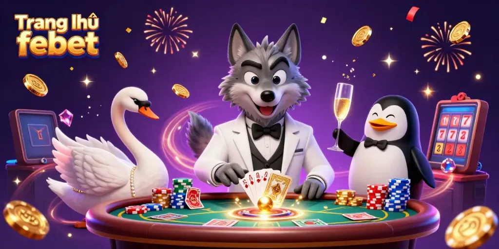 An engaging scene featuring a debonair wolf, elegant swan, and sophisticated penguin celebrating at a baccarat table in "Trang chủ febet”.