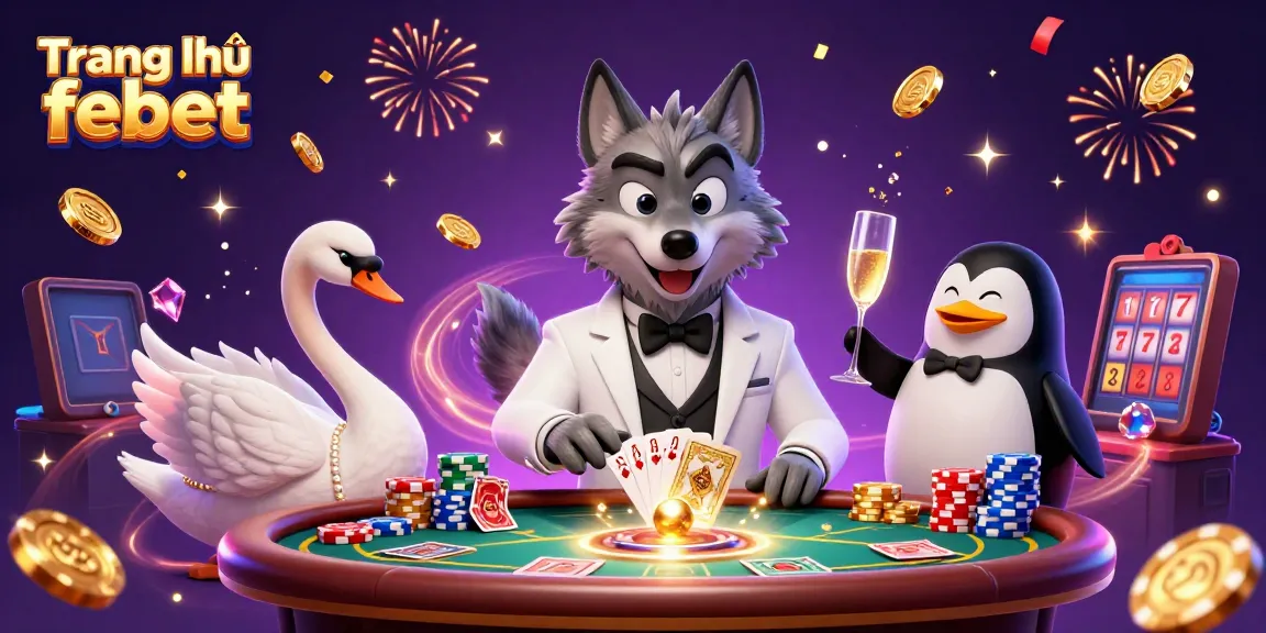 An engaging scene featuring a debonair wolf, elegant swan, and sophisticated penguin celebrating at a baccarat table in "Trang chủ febet”.