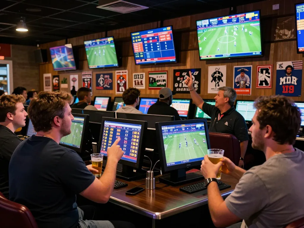 Exciting sports betting action at MK8 with patrons placing bets and enjoying live games.