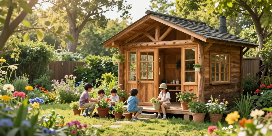 Ein Gartenhaus Holz in einer blühenden Gartenlandschaft mit Familie beim Pflanzen.