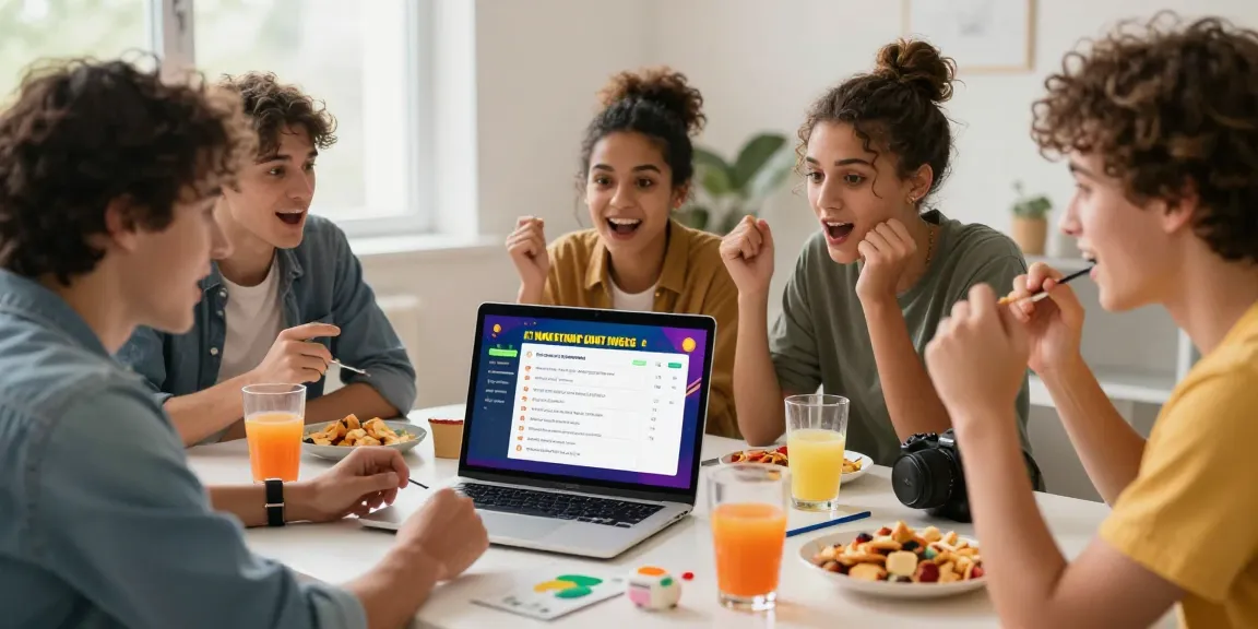 Spaßiges Quiz Allgemeinwissen mit Freunden am Laptop in heller Atmosphäre