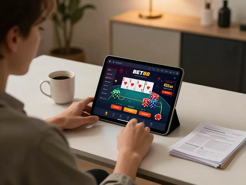 Engaging with BET88 on tablet at a cozy gaming setup, showcasing strategic poker play.