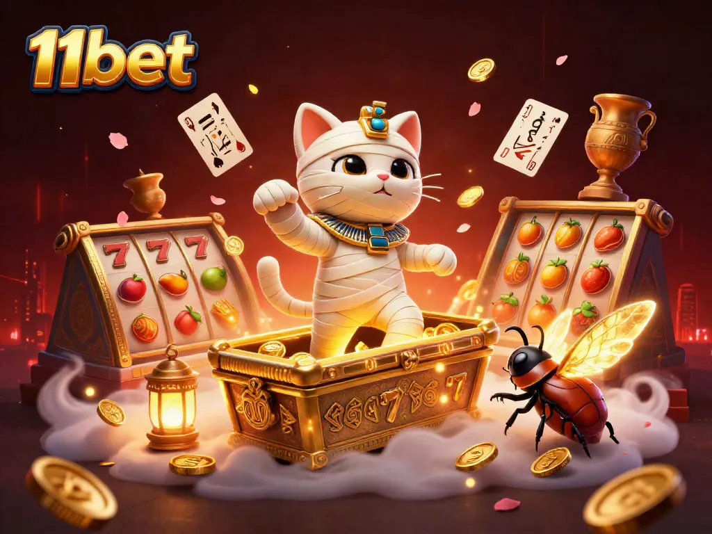 Experience the thrill of 11bet with a vibrant 3D illustration of an Egyptian mummy cat in a golden casino