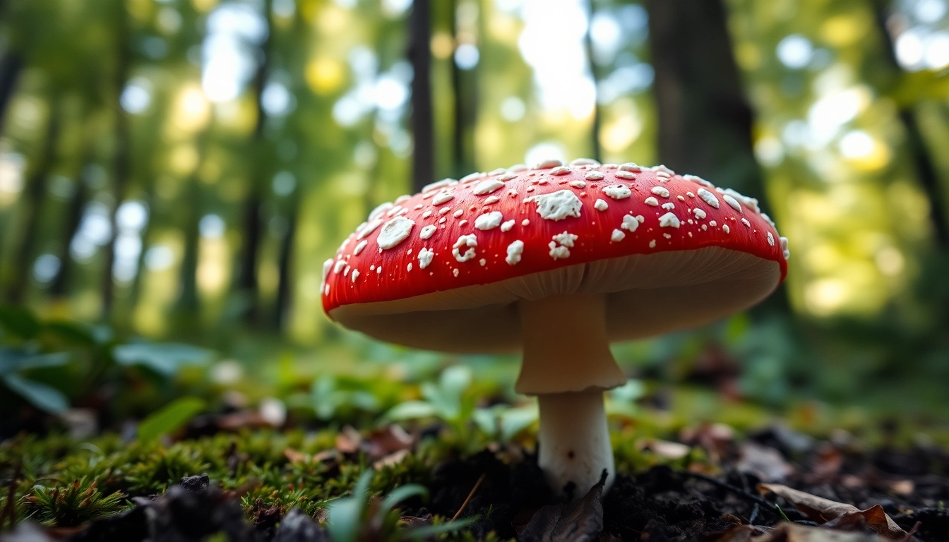 Fliegenpilz pulver in einem lebhaften roten Fliegenpilz mit weißen Punkten im Wald.