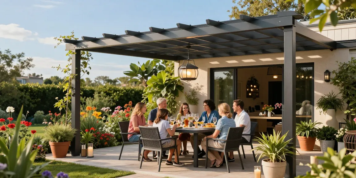 Terrassenüberdachungen in einem eleganten Außenbereich mit fröhlicher Familie beim Essen.