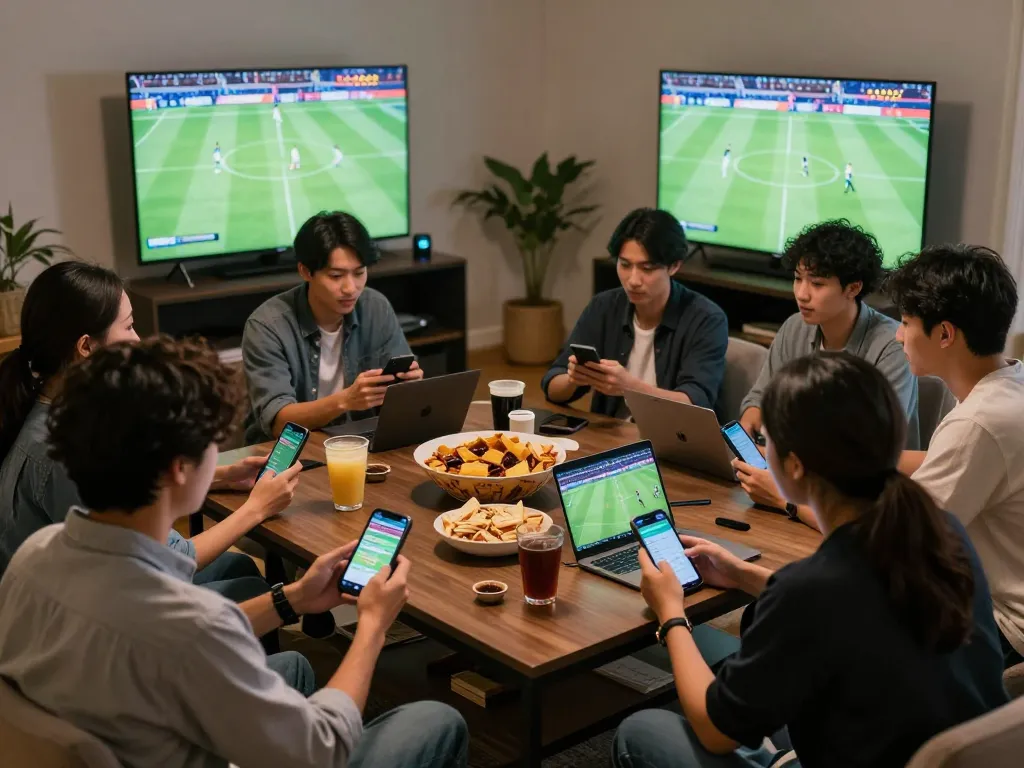 Engaging friends analyze ไฮไลท์ฟุตบอล 7m during a thrilling sports betting night, with snacks and mobile devices.