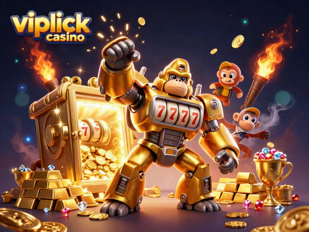 Experience the excitement of vipluck casino with cartoon gorilla mech surrounded by golden treasures.