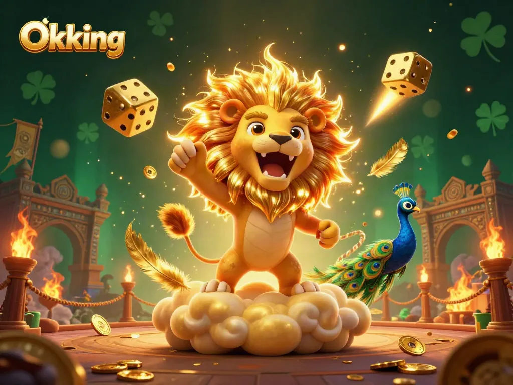 Engage in thrilling gameplay at Okking with a lion, golden dice, and peacock in a vibrant casino scene.
