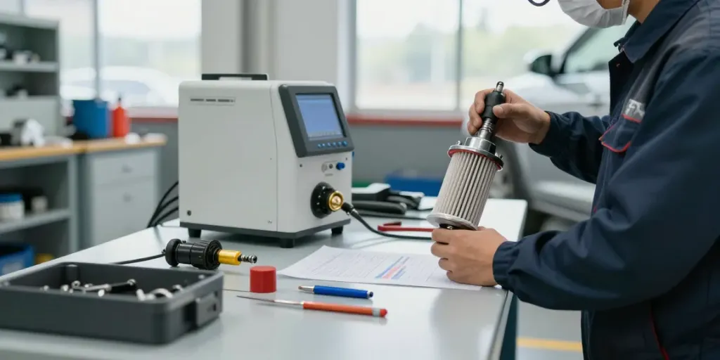 DPF Reinigung Hannover: Techniker reinigt Dieselpartikelfilter in professioneller Werkstatt.