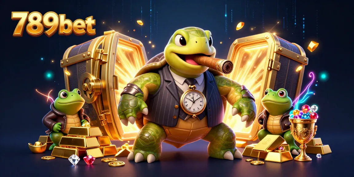 Engage in exciting casino action with 789bet featuring a golden turtle in a mobster suit, surrounded by treasures and lights.