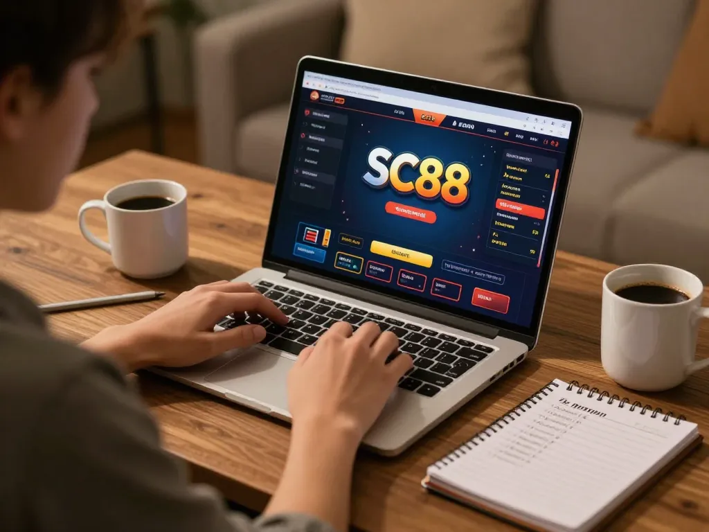 Engaging in đăng ký SC88 while gaming from home with a laptop and cozy setup.