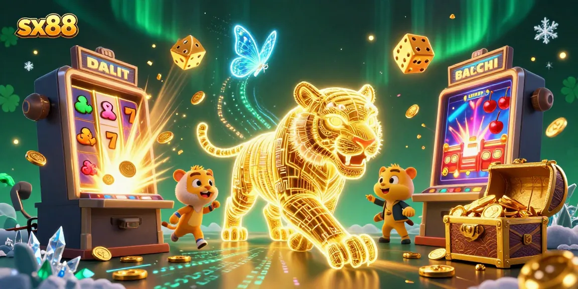 Experience the thrill of sx88 as golden tiger dances with jackpot symbols in a vibrant casino.