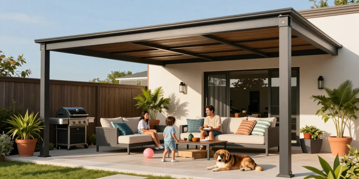 Helle und einladende Außenansicht einer freistehenden Terrassenüberdachung mit Familie, die unter dem modernen Dach entspannt.