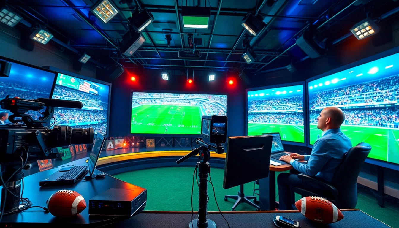 Engaging sports broadcasting studio featuring a live sports anchor in action.