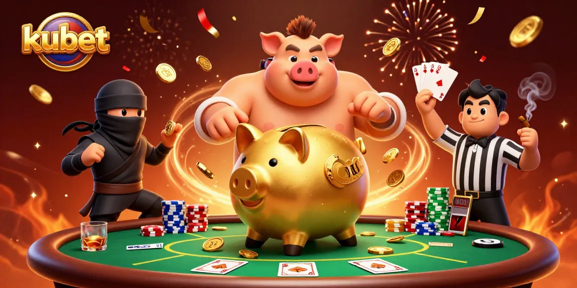 Kubet showcases an intense 3D casino scene featuring a golden piggy bank sumo wrestler surrounded by poker elements and celebratory effects.