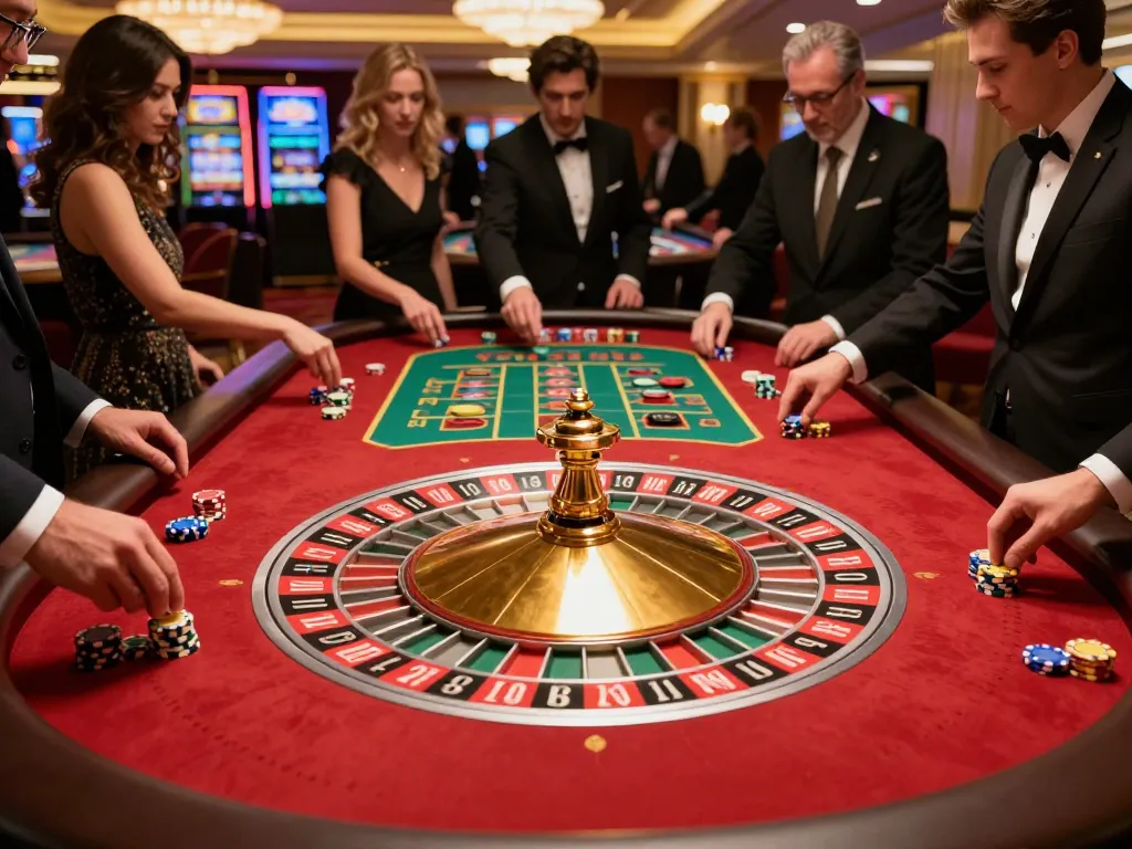 Players eager at the nohu roulette table in an upscale casino, bright lights enhancing the excitement of the game