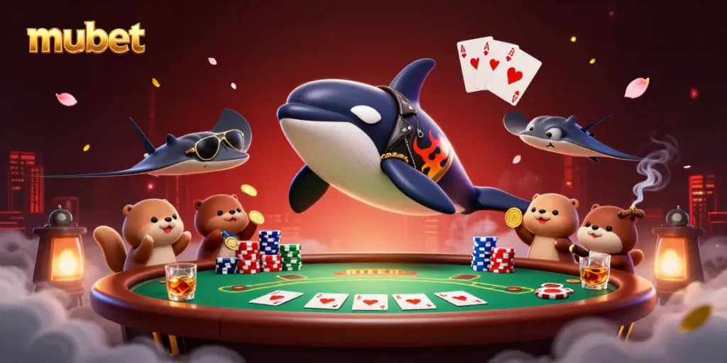 Experience thrilling victories at mubet with vibrant sea creatures celebrating around a poker table.