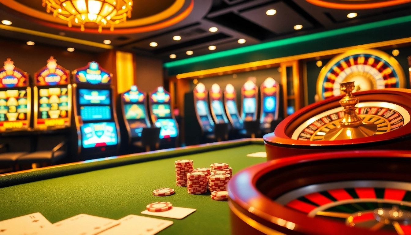 Experience nk88 win at a luxurious casino with poker tables, glowing slot machines, and a sparkling roulette wheel.