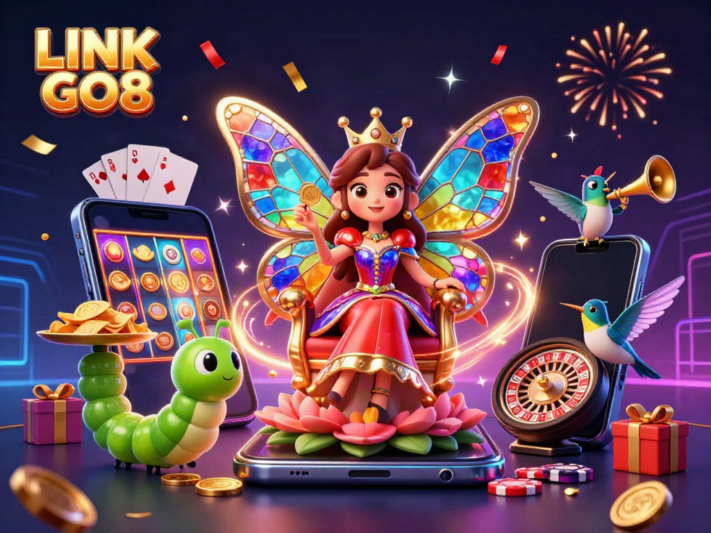 Experience vibrant gameplay with LINK GO8 featuring a butterfly queen in a mystical casino setting.