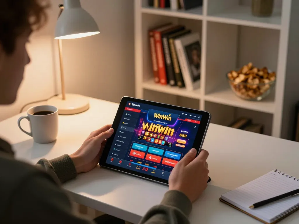 WinWin user engaging with online casino app in a cozy modern home setup.
