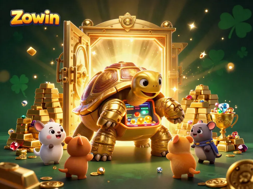 Zowin players excitedly engaging with a pinball machine tortoise while treasures burst forth.