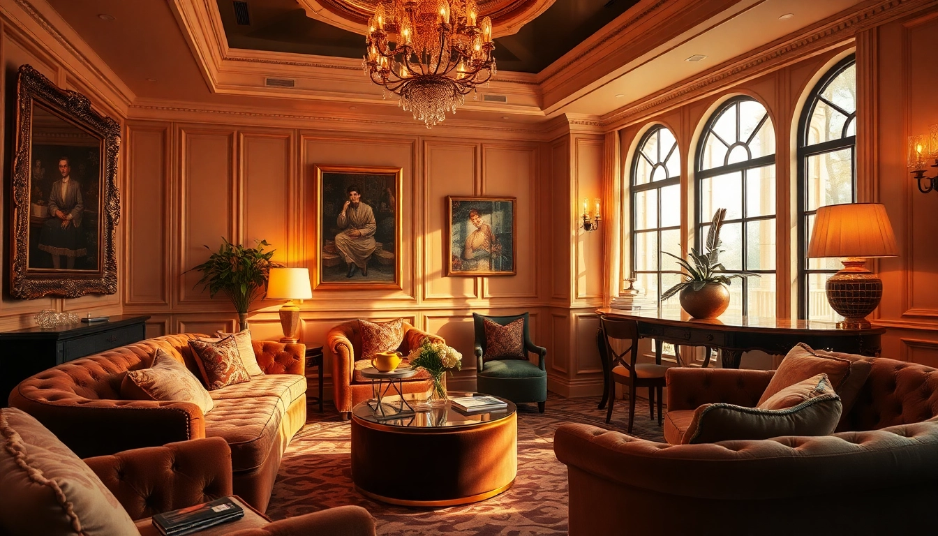 Experience luxury in a plush, elegantly designed living space with velvet furnishings and soft lighting.