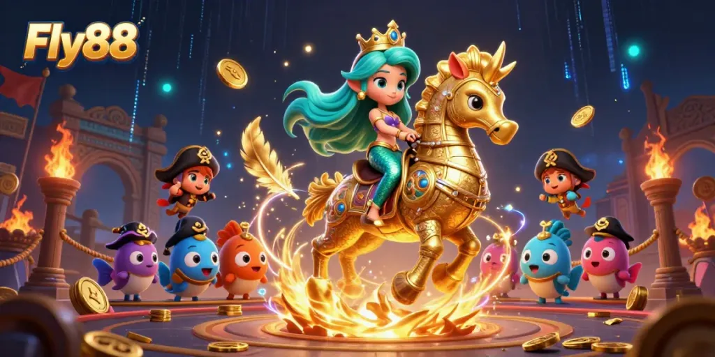 Experience thrilling adventures with Fly88's vibrant 3D casino scene featuring a mermaid and seahorse.