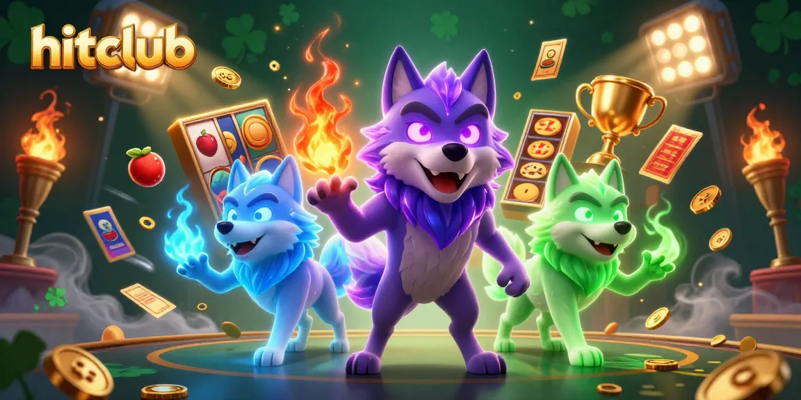 Hitclub showcases vibrant slot reels and wolf characters with spectral energy in a dynamic casino setting.