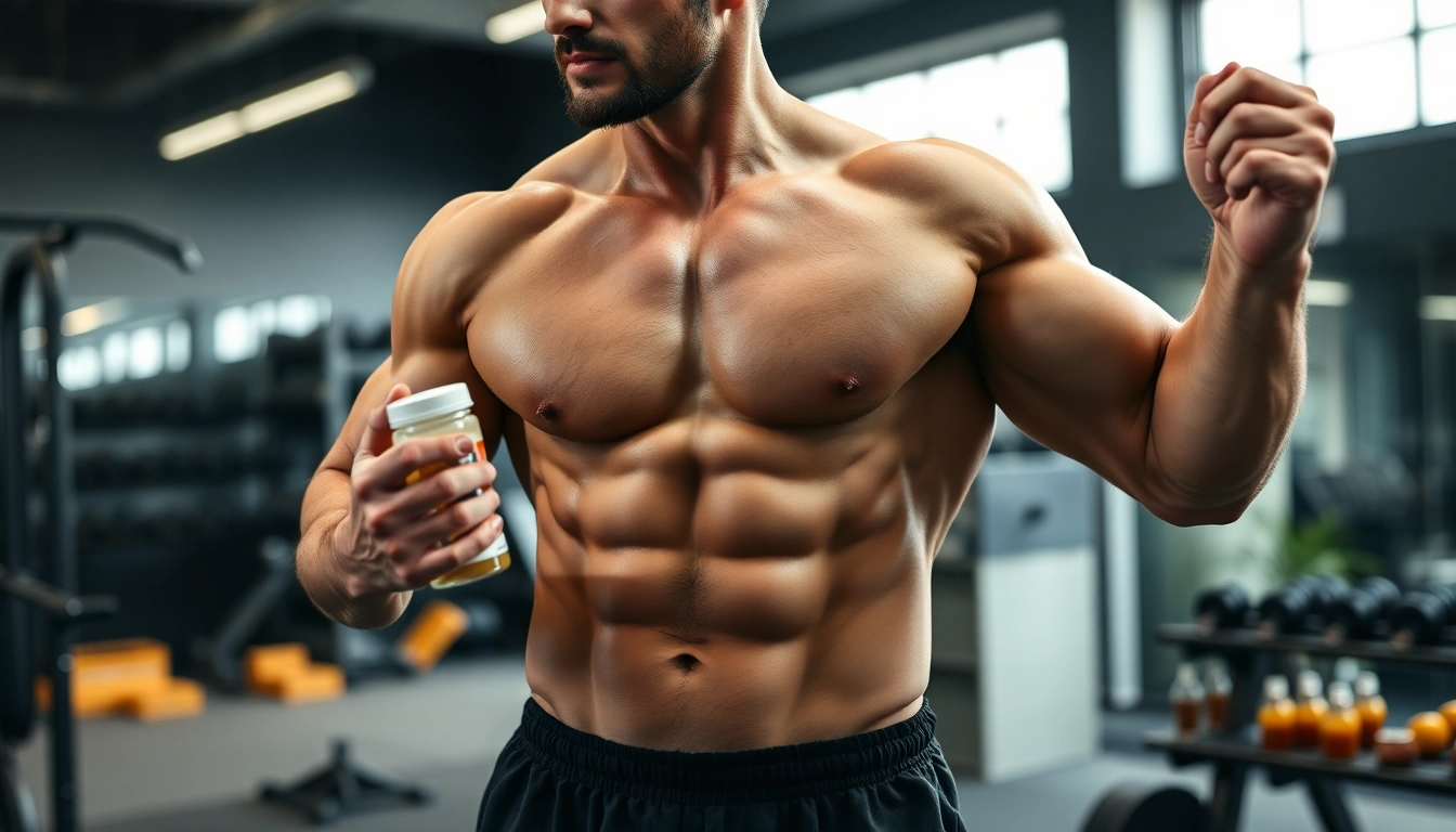Fitnessaufnahme mit einem muskulösen Körper und Unique Pharma Steroids Produkten im Vordergrund