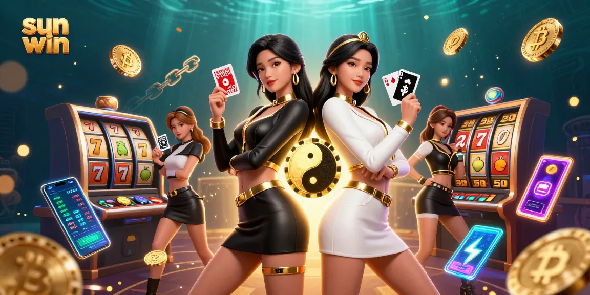Win big at sun win casino with twin Asian gamblers showcasing powerful card skills in a vibrant 3D scene.