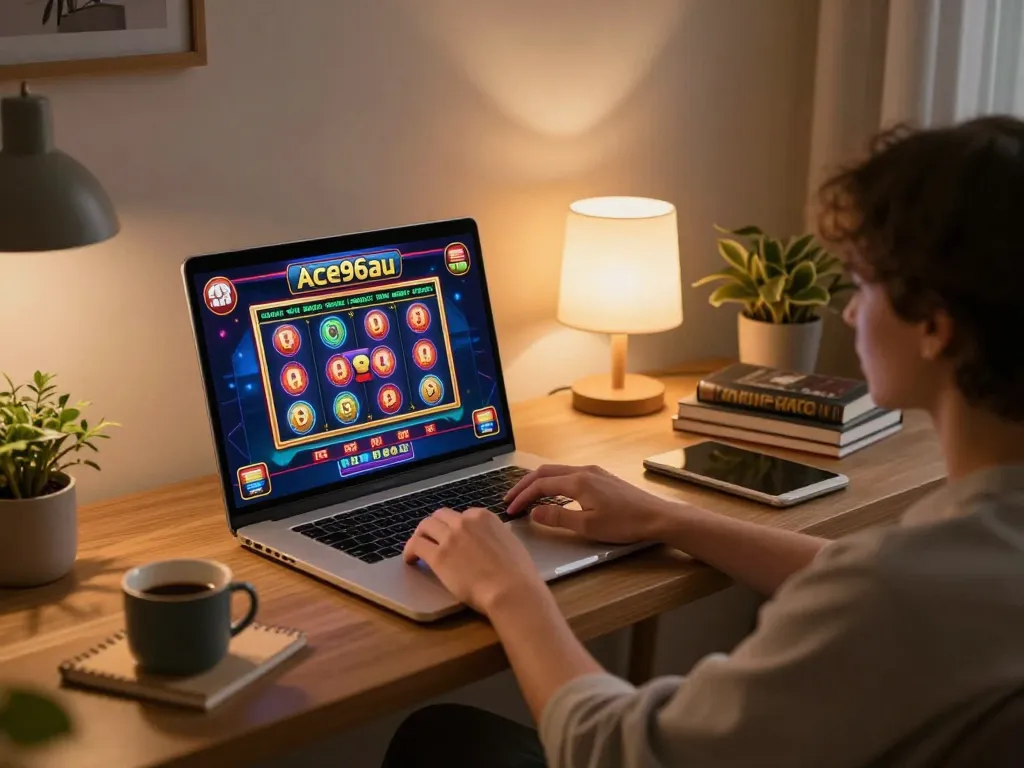 A person enjoying Ace96au online casino games at home, showcasing vibrant slot machines and poker tables on the laptop.