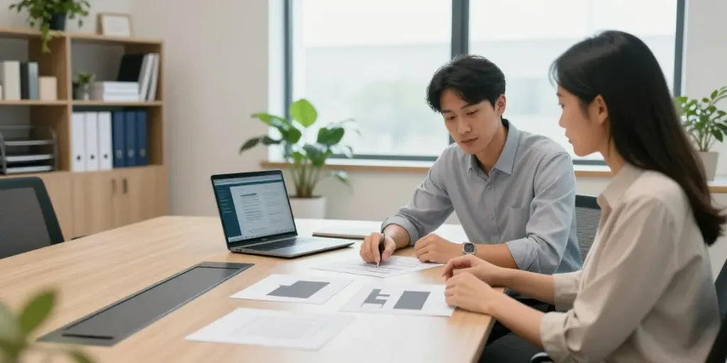 Professionelle Firmenauflösung Wien in einem modernen Büro mit Diskussion zwischen Mitarbeitern.