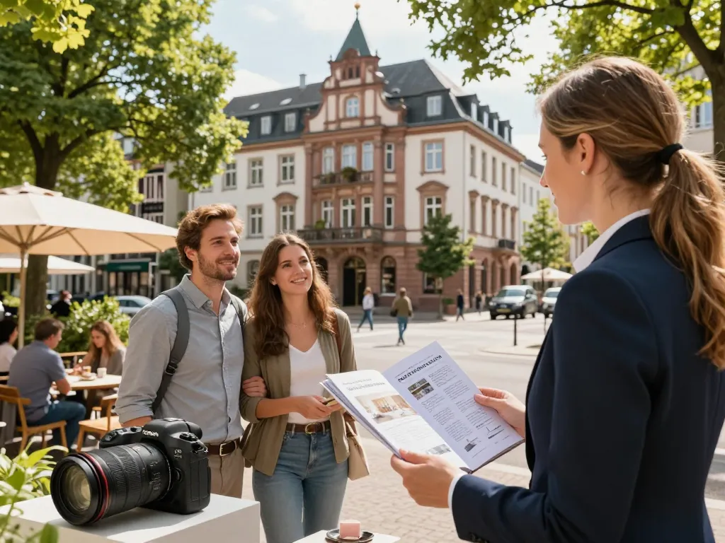 Immobilienmakler Frankfurt Sachsenhausen zeigt potenziellen Käufern eine charmante Wohnung in einem lebhaften städtischen Umfeld.