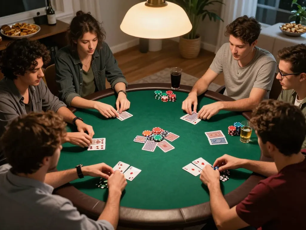 Friends enjoying a thrilling poker night at home, strategizing their game with sunwin ambiance.