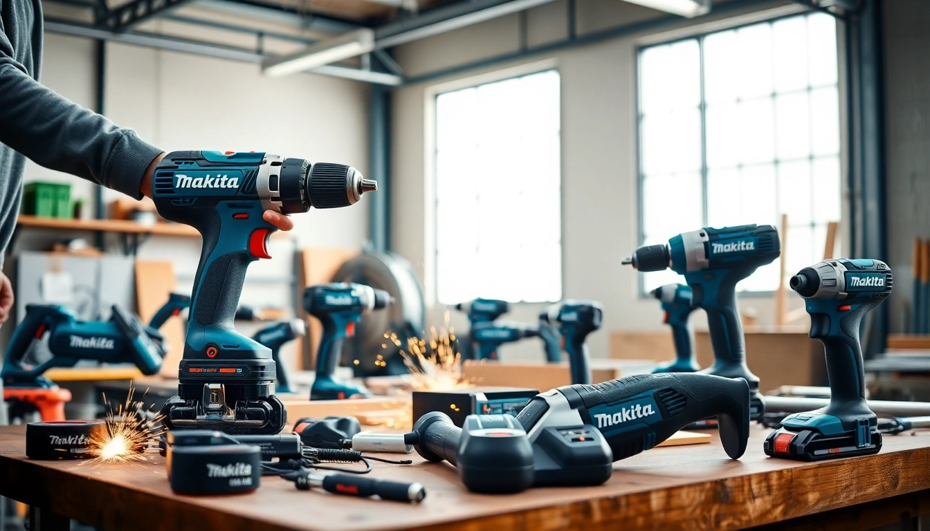 Hochleistungs-Makita Elektrowerkzeuge in einer modernen Werkstattumgebung, die ihre Effizienz und ihr innovatives Design präsentieren.