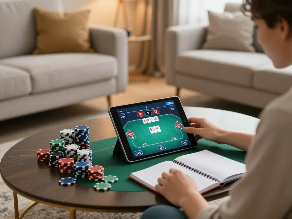 Tham gia phiên chiến lược poker trực tuyến KO66 tại nhà, hiển thị chip và máy tính bảng.