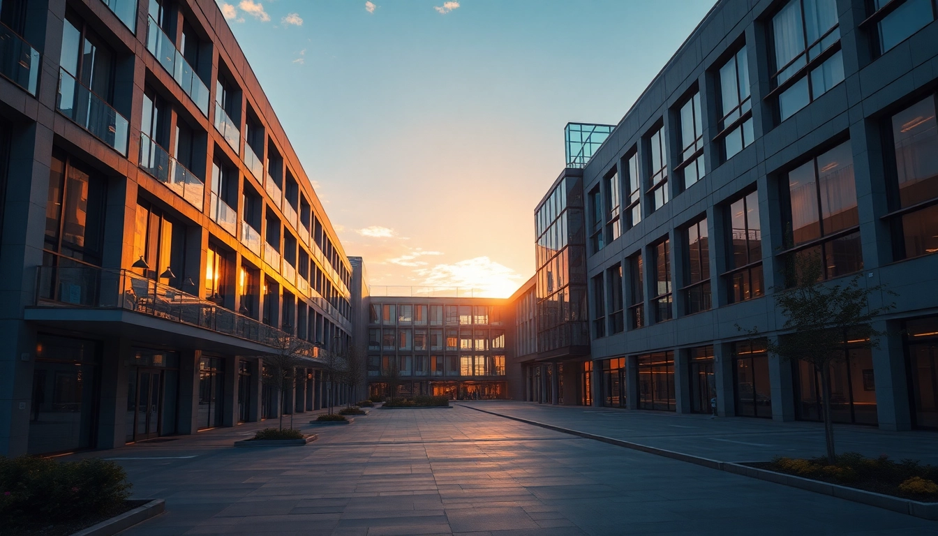 Architekturvisualisierung: Fotorealistische Darstellung eines modernen Gebäudes im warmen Licht eines Sonnenuntergangs mit lebhaften Details.