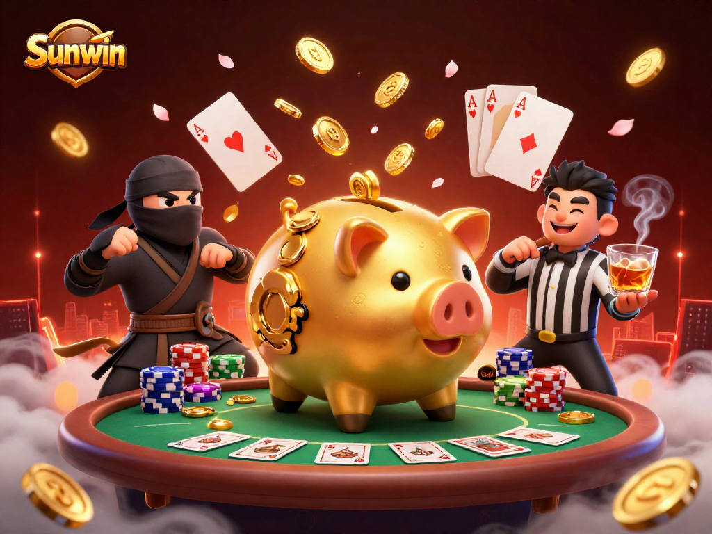 Experience excitement with Sunwin featuring a golden piggy bank wrestler amidst vibrant casino elements and winnings.