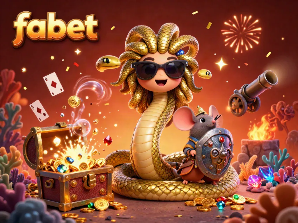 Experience fabet's thrilling casino environment with a lively Medusa and warrior surrounded by treasures and playful elements.