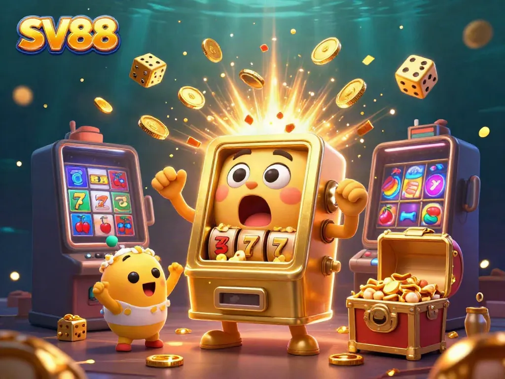 SV88 slot machine hitting a jackpot, surrounded by cheering baby machines and a popcorn sidekick.