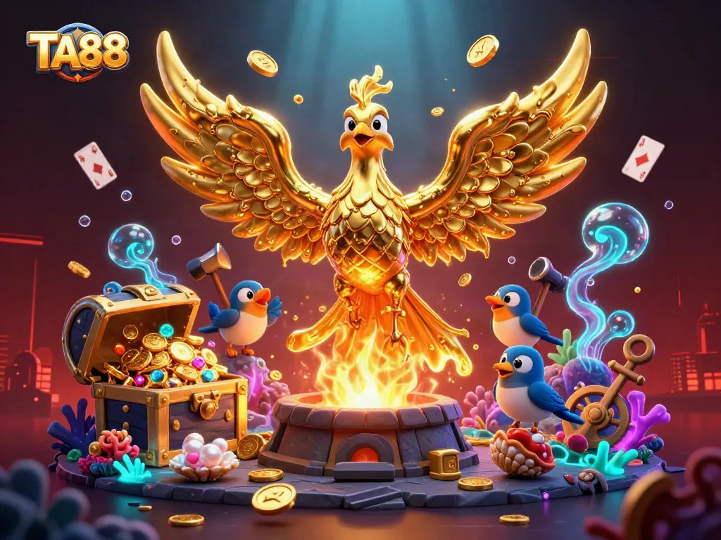 TA88 showcases a molten golden phoenix in a vibrant casino-themed underwater scene filled with treasures.
