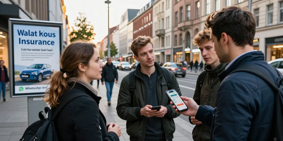 Junge Leute diskutieren über Autoversicherung in Dortmund, während sie Smartphone-Daten vergleichen.