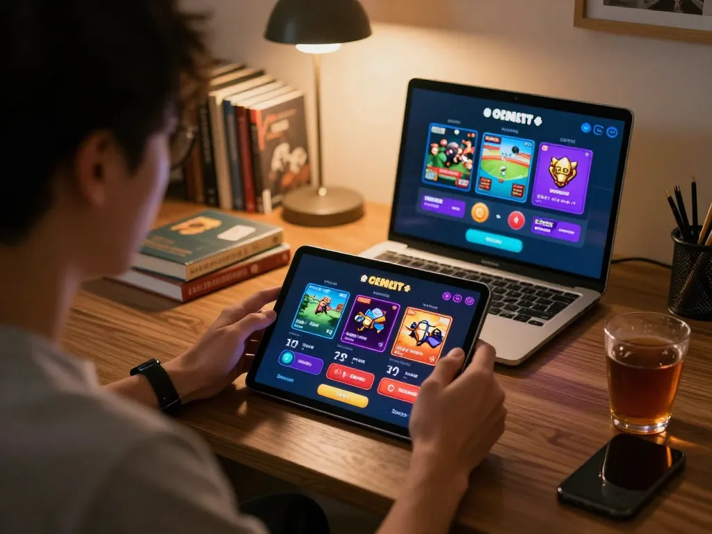 Player engaging with MK8 casino app on tablet in cozy home setting, focusing on online betting strategy