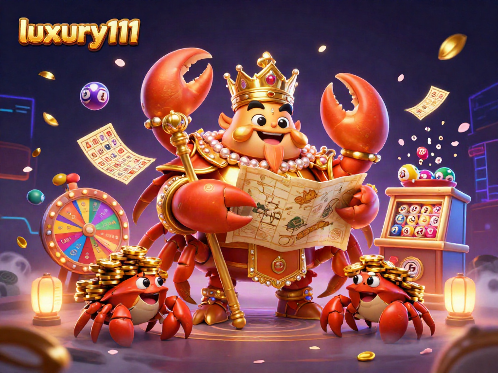 Engage in thrilling gaming with luxury111 illustrated by a lively golden crab emperor and dynamic lottery elements.