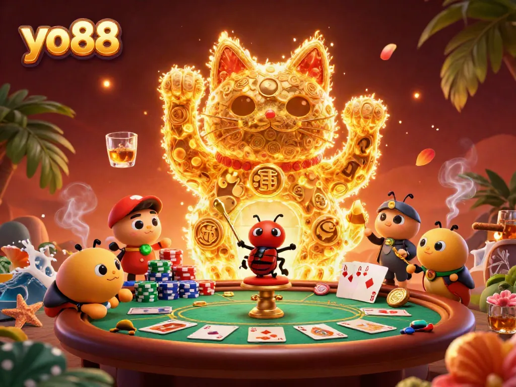 Engage with yo88's vibrant lucky cat surrounded by poker elements in a dynamic casino atmosphere.