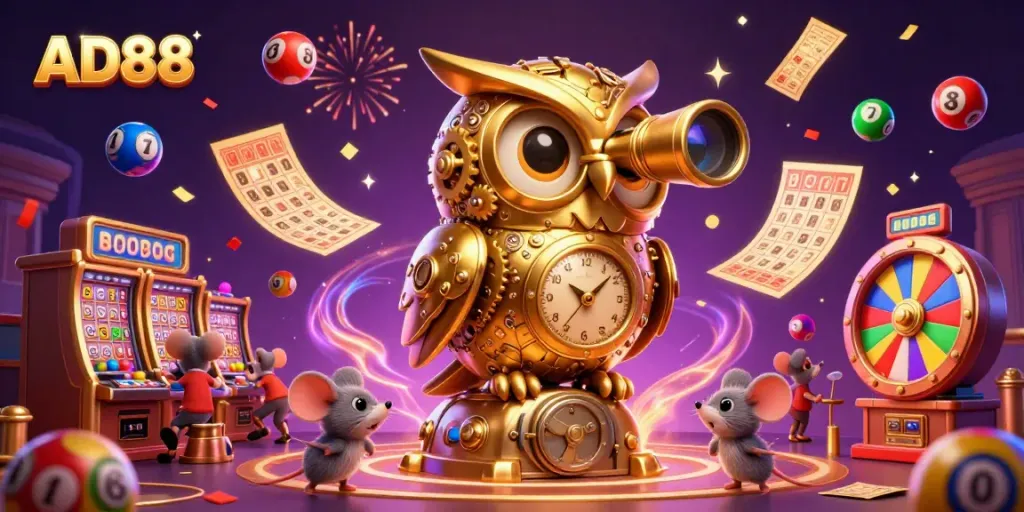 Experience the excitement at AD88 with the golden owl observing a vibrant casino scene filled with colorful lottery elements.