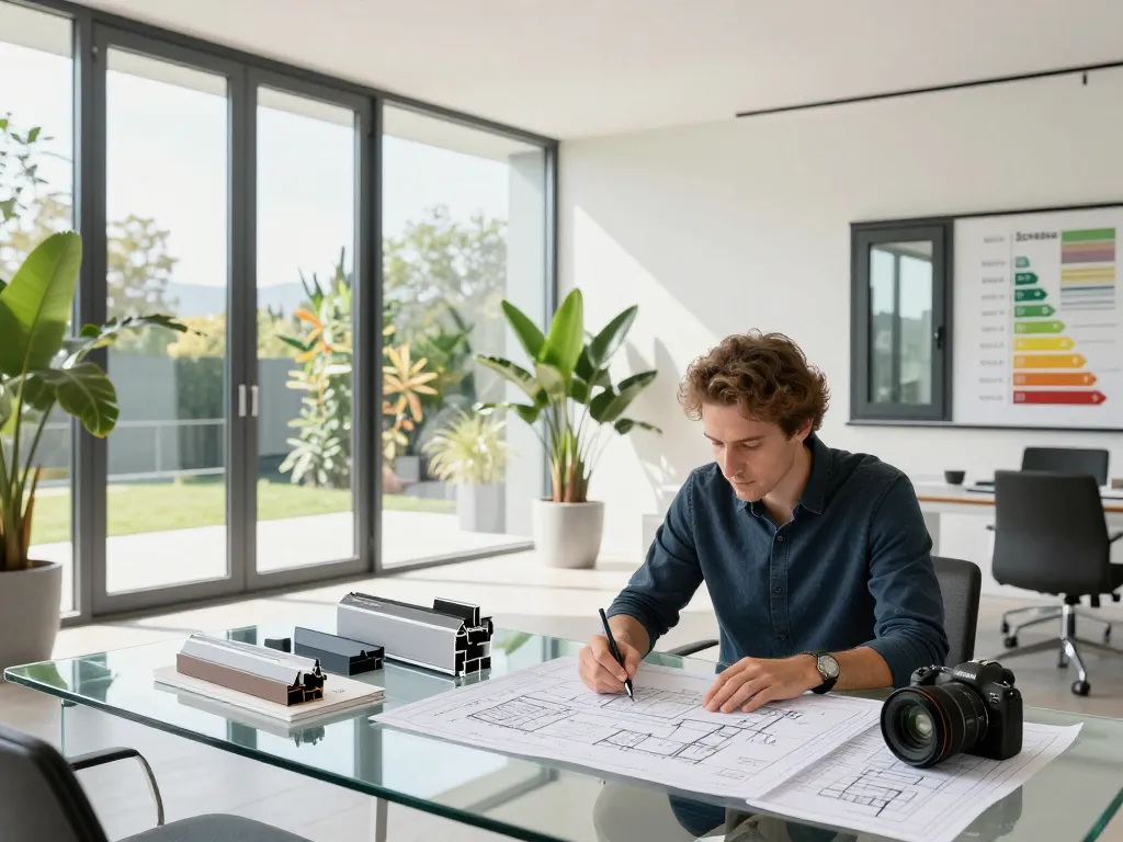 Schüco-Fenstersysteme, die in einem Architektenbüro präsentiert werden und modernes Wohnraumdesign hervorheben.