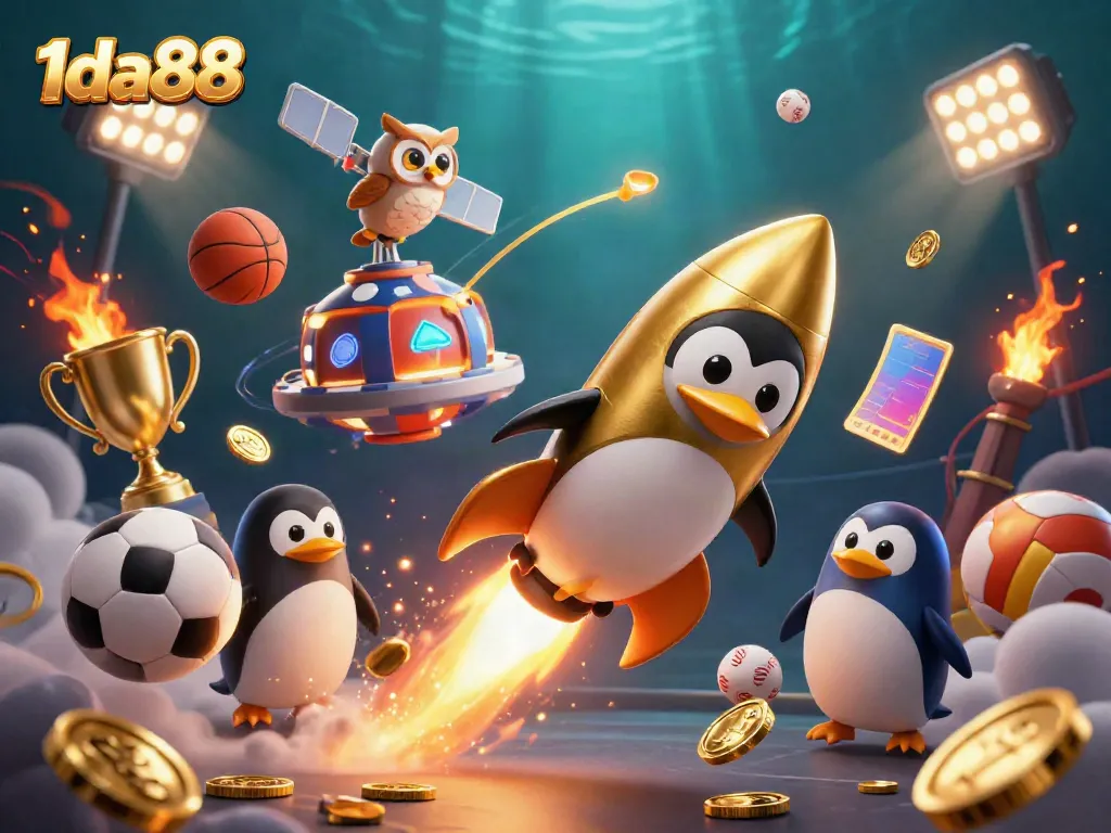 Experience the thrill of winning with 1da88, featuring a golden penguin soaring toward a casino station.