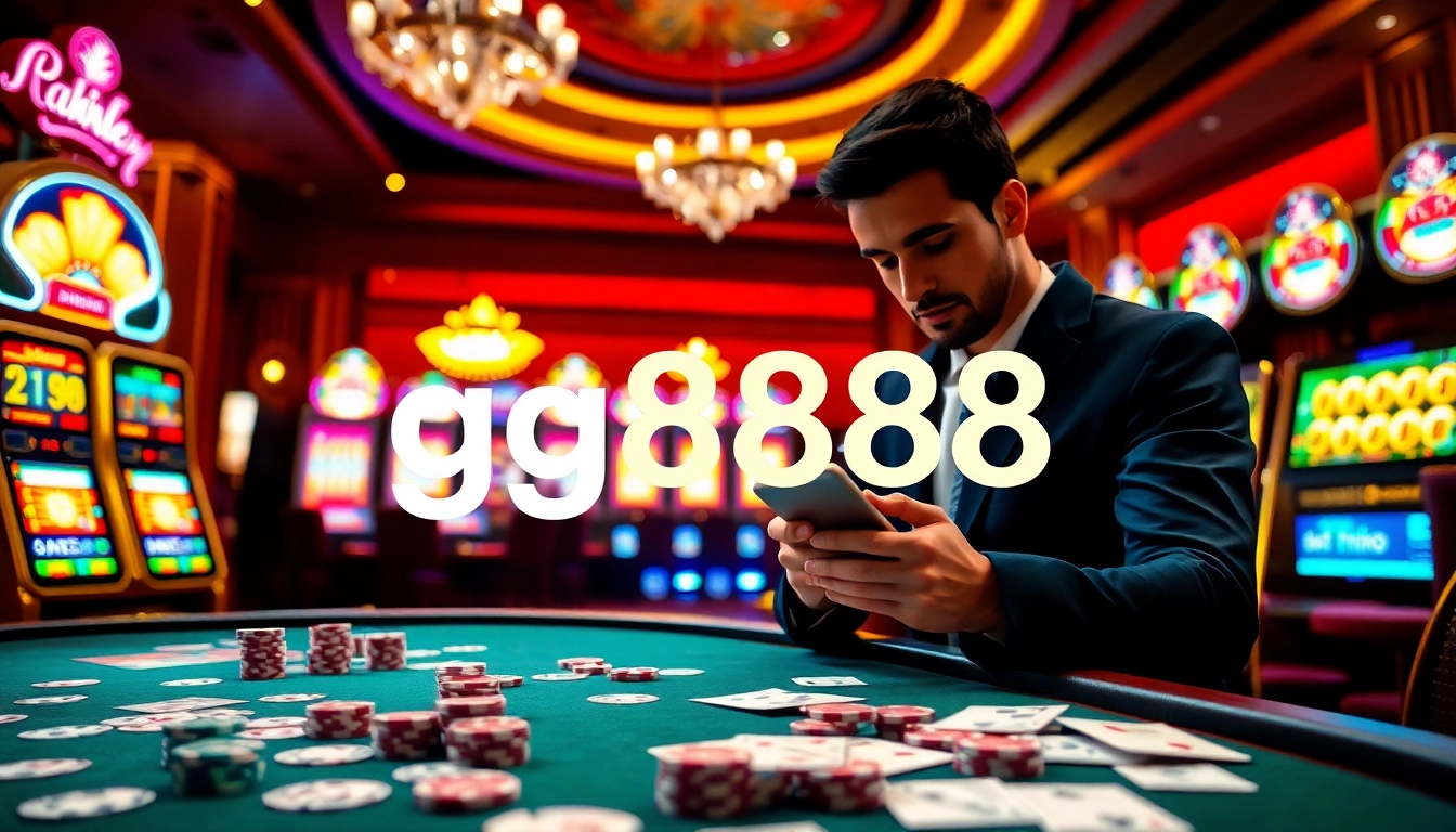 Engaging scene of a player enjoying online gambling at gg8888 with casino tables and flashing slot machines.