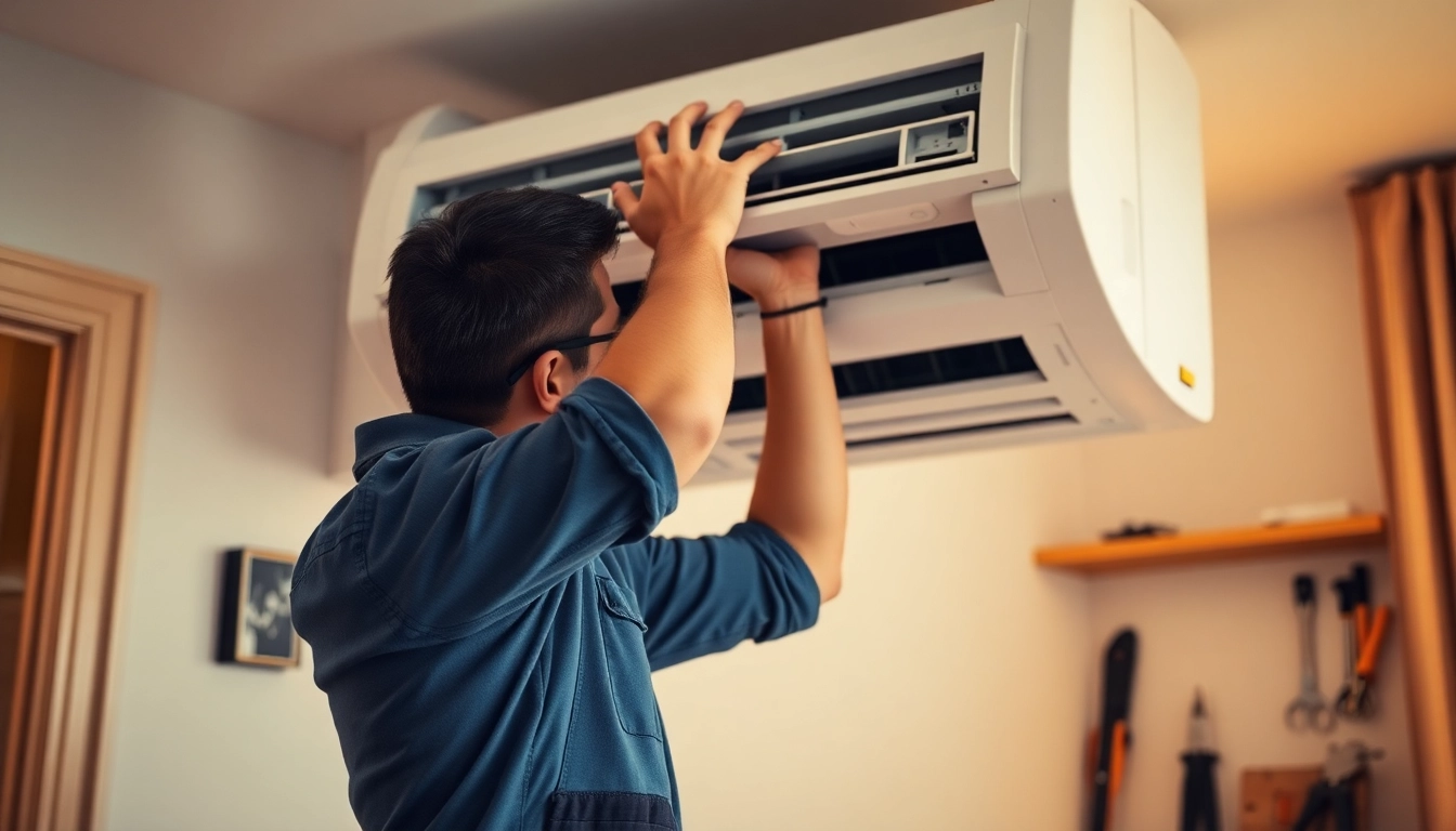 Technician expertly Klima installieren an air conditioning unit in a cozy indoor space with modern design.